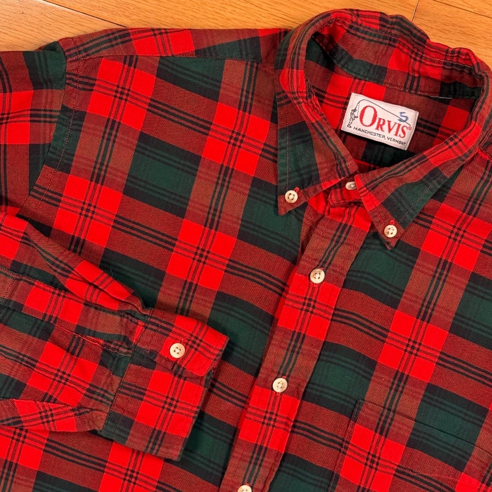 Vintage Orvis Mens Medium Red Green Plaid‎ Button Down Flannel Shirt Long Sleeve